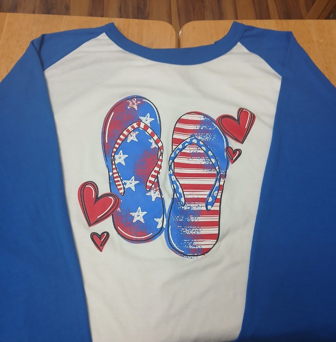 4XL Womans 3/4 Sleeve Tee Shirt Blue/White Beach Flop Flag Patriotic Jerzees gallery