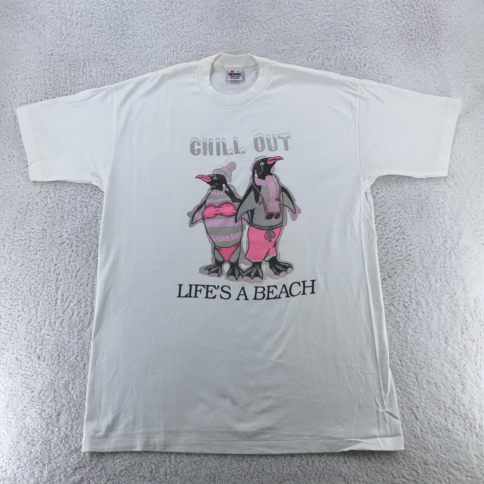 Vintage 90s Heat Color Changing Chill Out Life's a Beach T-Shirt XL Penguin gallery