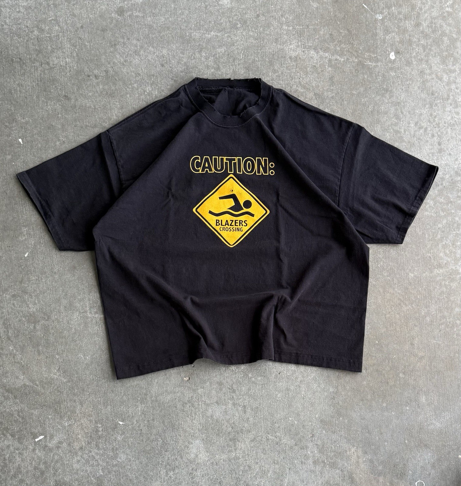 Vintage 90s Swimming Blazer Warning T Shirt Distressed Boxy Black No Tag Mens L