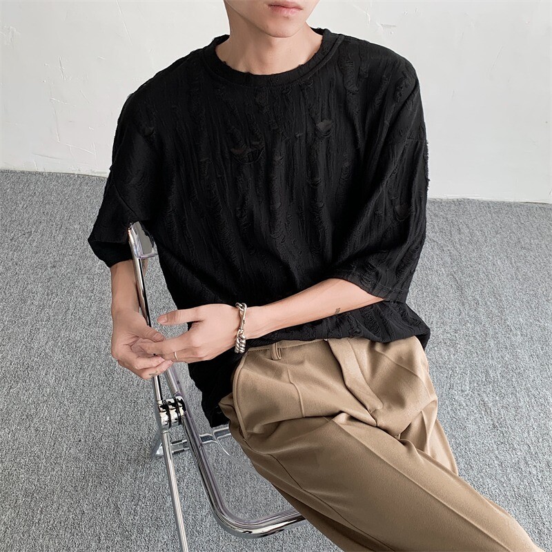 Men Retro Thin Short Sleeve Shirt Ripped Hollow Blouse American Style Tops Soft gallery