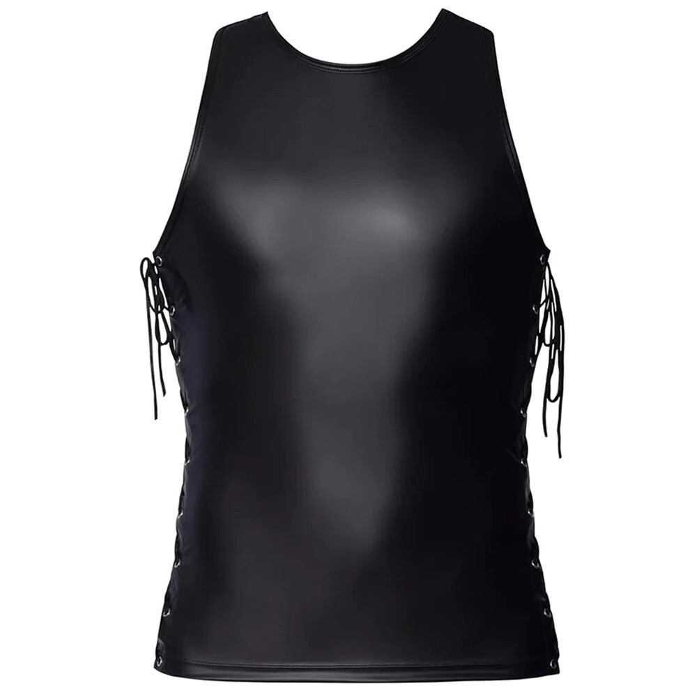Men's PVC Leather Sleeveless T-shirts Vests Tops Lace-up Zipper Shorts Clubwear gallery