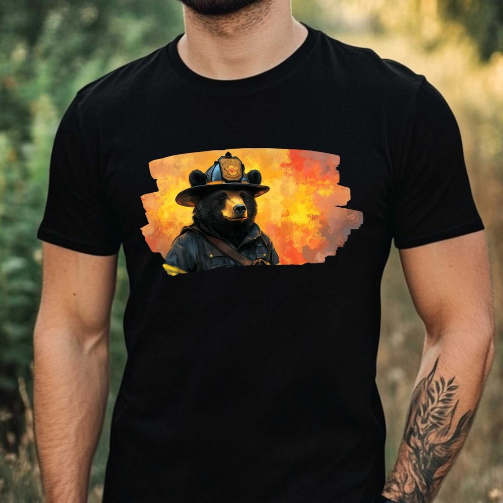 Mens Black Bear Firefighter Print Cotton T-Shirt Size XS to 5XL