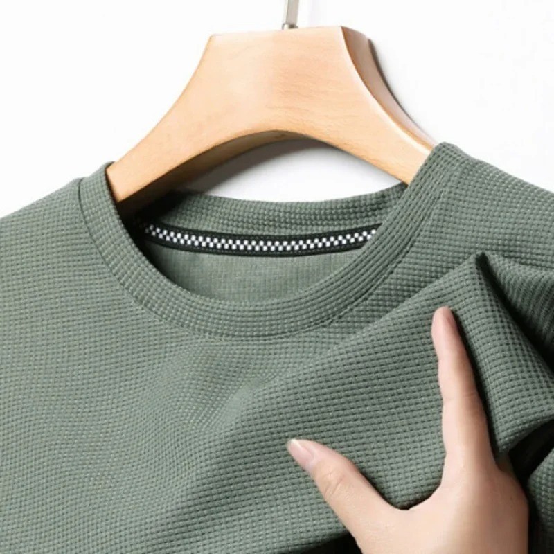 New Summer Waffle Round Neck Short Sleeved T-shirt for Men's Short Sleeved Top gallery