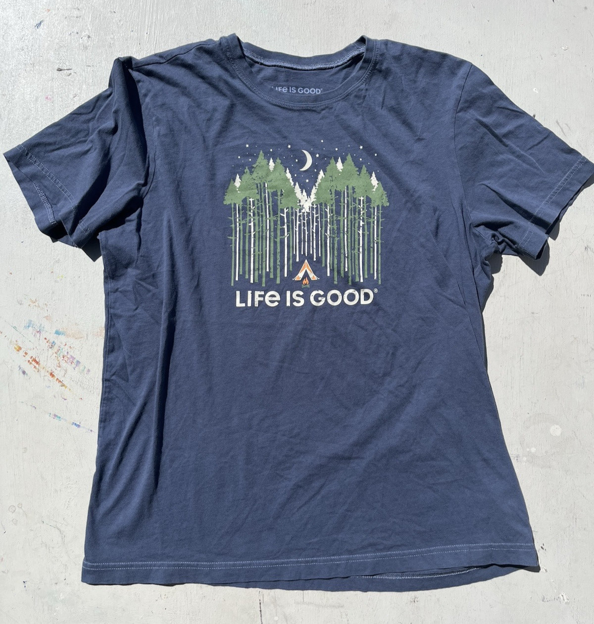 Men's Life is Good T-Shirt Blue Spell Out L Dad Classic City Outdoor Camp Hike gallery