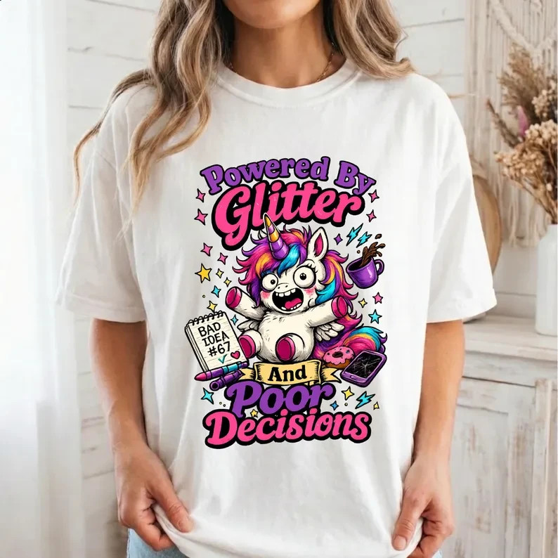Powered By Glitter And Poor Decisions Graphic T-Shirt, Funny Unicorn Gift gallery