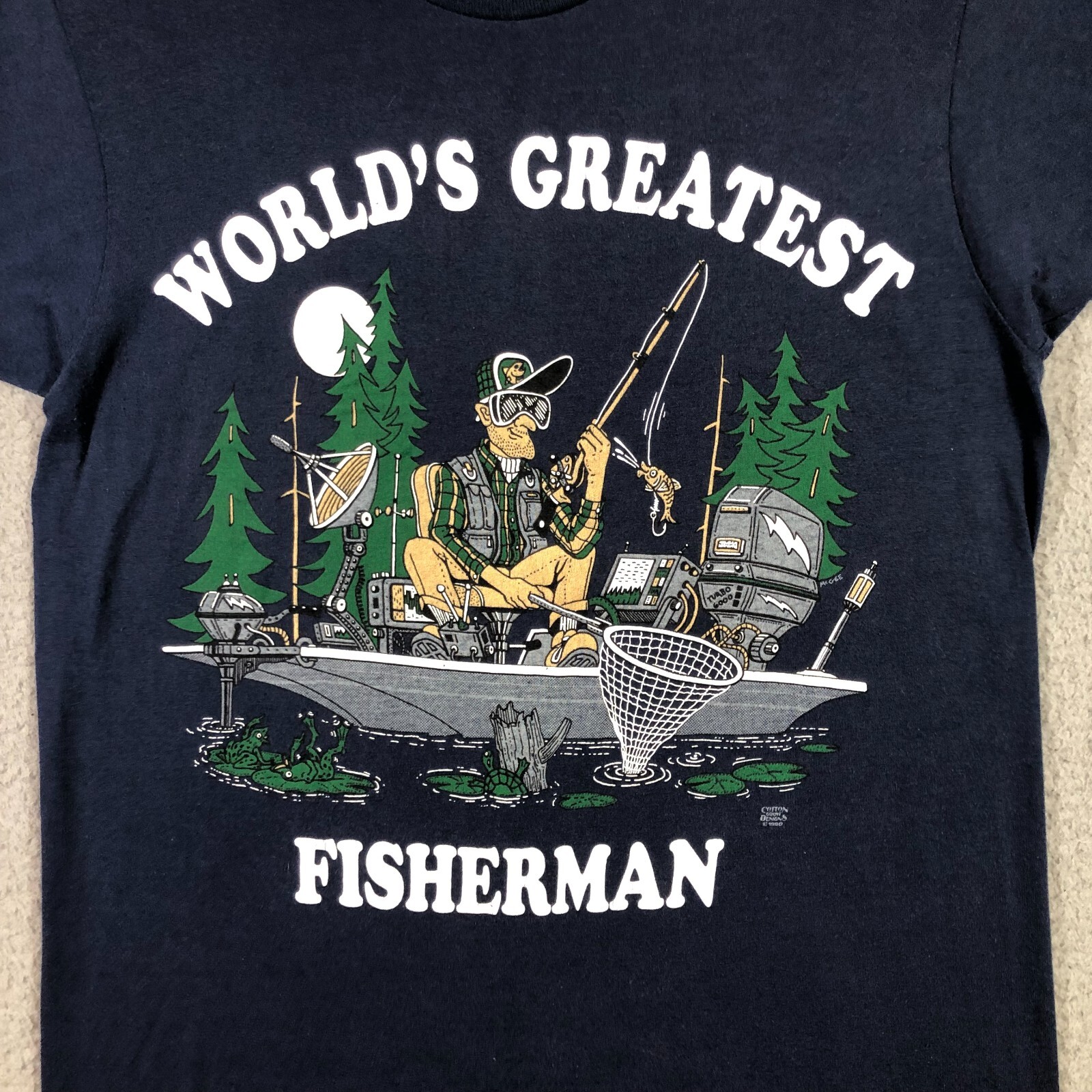 worlds greatest fisherman T Shirt Mens M blue graphic print single stitch 1990 gallery