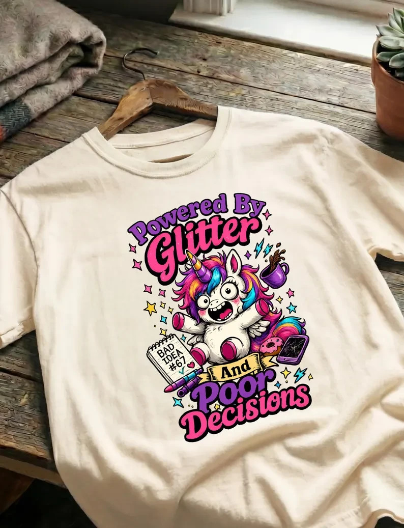 Powered By Glitter And Poor Decisions Graphic T-Shirt, Funny Unicorn Gift gallery