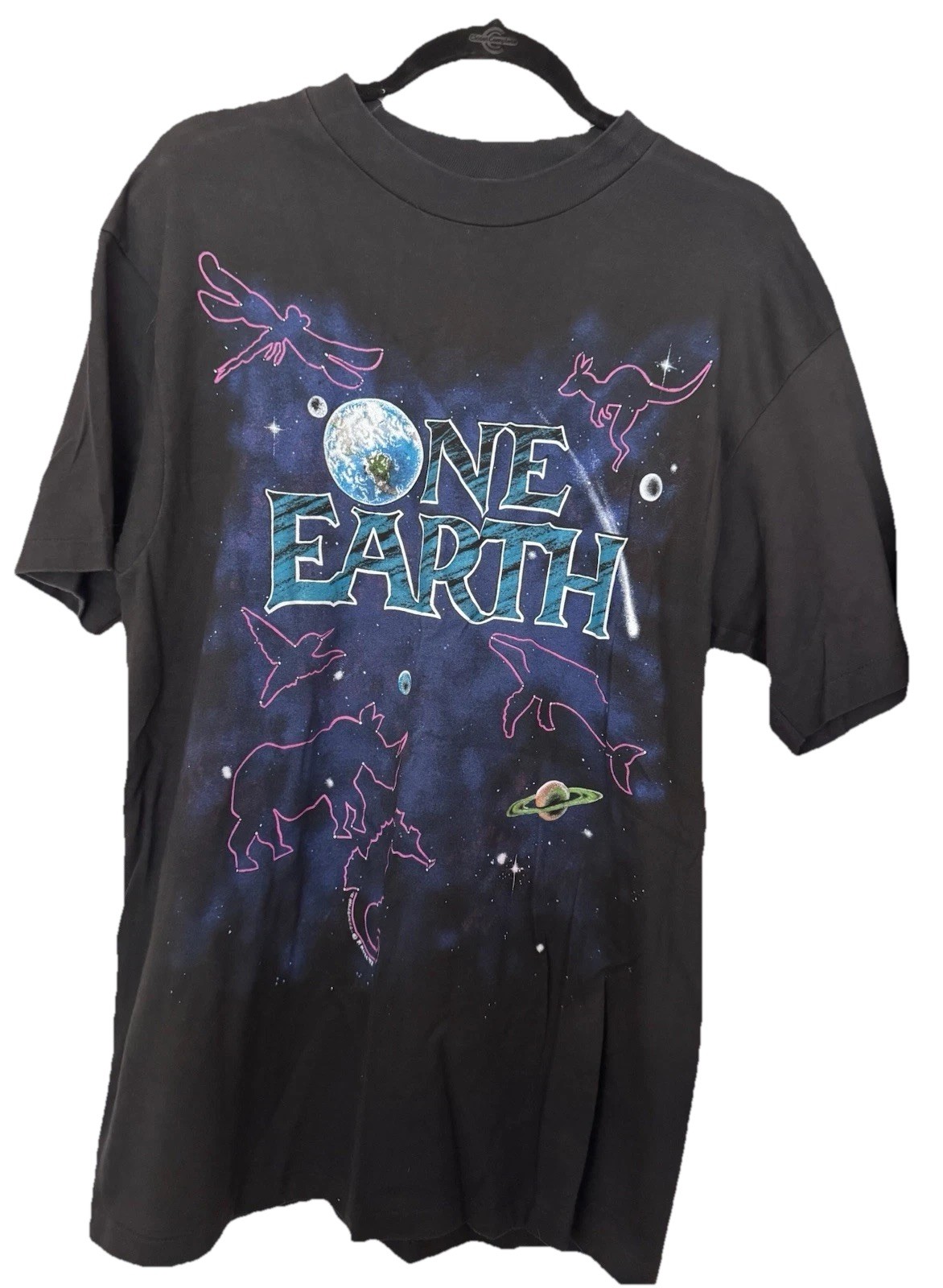 Vintage Hanes Beefy-T L Double-Sided Earth Whale Dolphin Graphic Tee