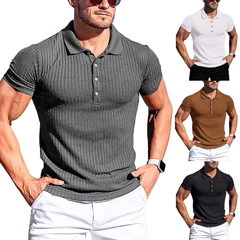 Mens Tee Short Sleeve T-Shirt Summer Ribbed Stretch Slim Fit Casual Blouse Tops gallery