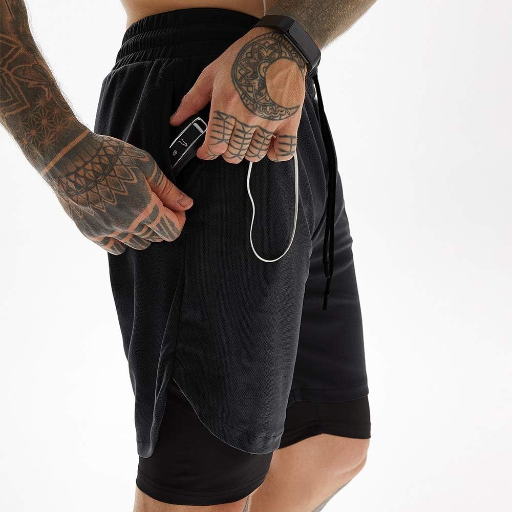 JWJ 3 Pack Men’s 2 in 1 Workout Running Large, 3 Black / Dark Grey / Red