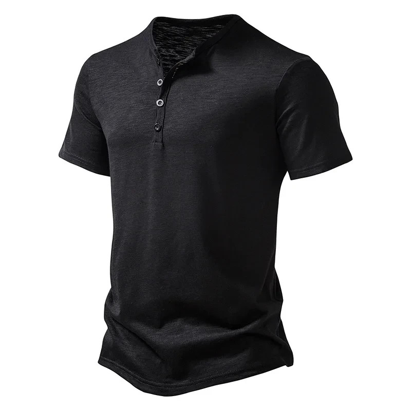 Henley Collar Summer Men Casual Solid Color Short Sleeve T Shirt for Men gallery