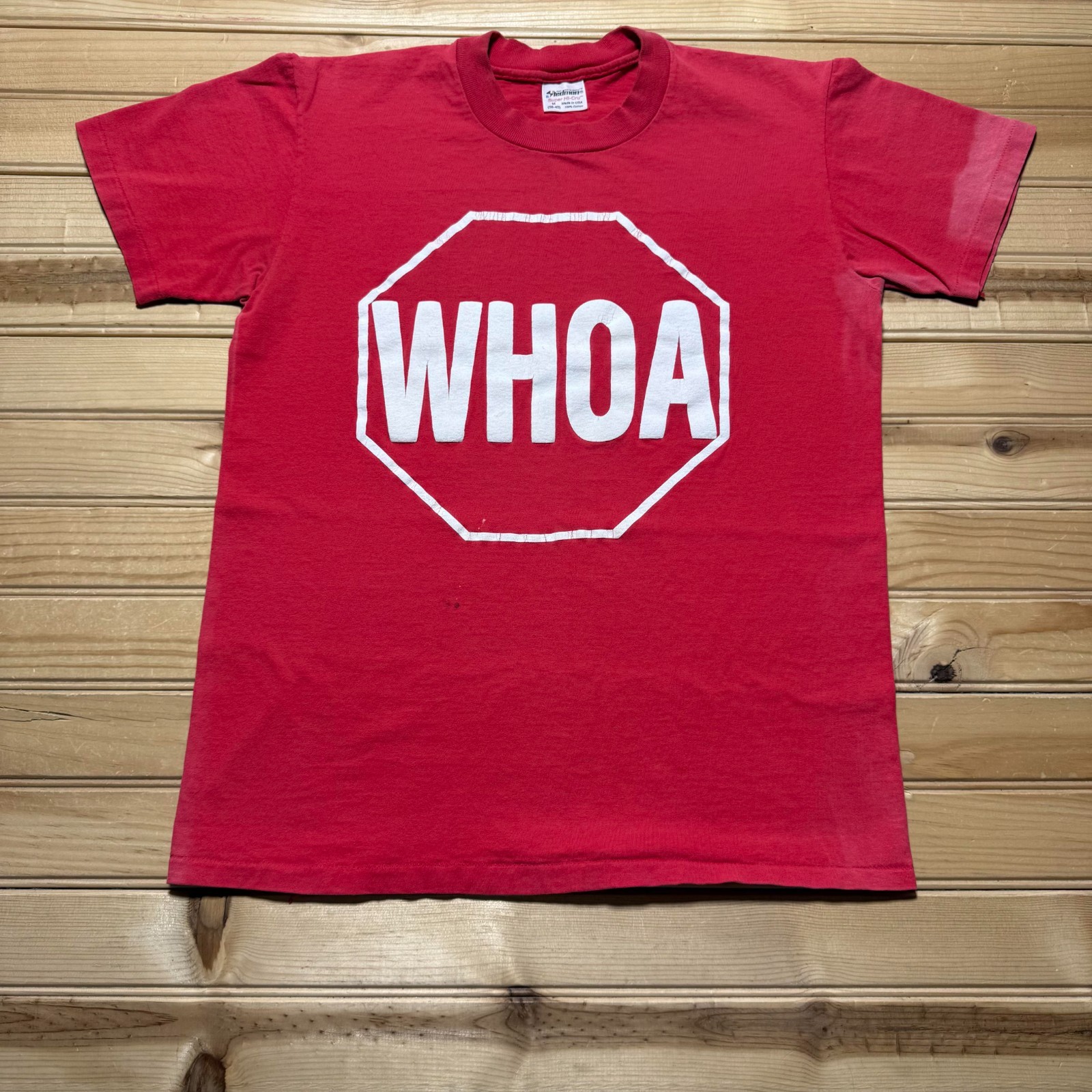 Vintage 80s WHOA Stop Sign Funny Slogan Humorous Graphic T-Shirt USA - Medium gallery