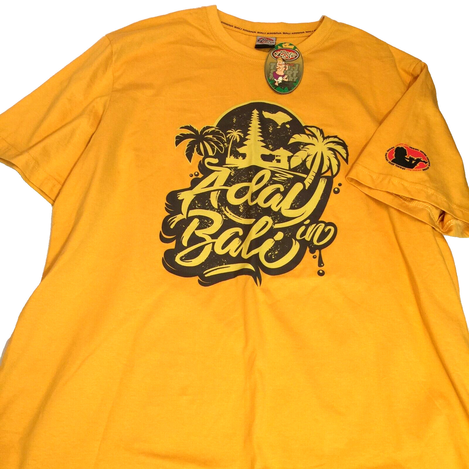 BALI INDONESIA T SHIRT MENS XXL 46×30 YELLOW COTTON SHORT SLEEVE TROPICAL KRISNA