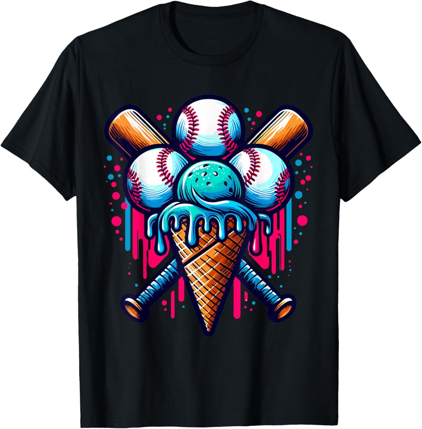 Baseball Ice Cream Watercolor Sports Lover Ice Cream Cone T-Shirt