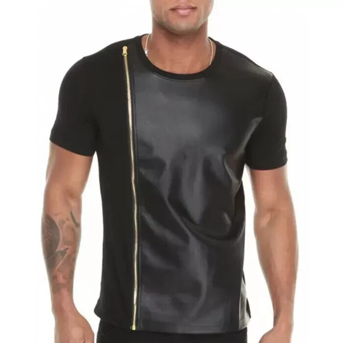 New Men T-Shirt Black Stylish Handmade Lambskin Genuine Leather Fashion Summer
