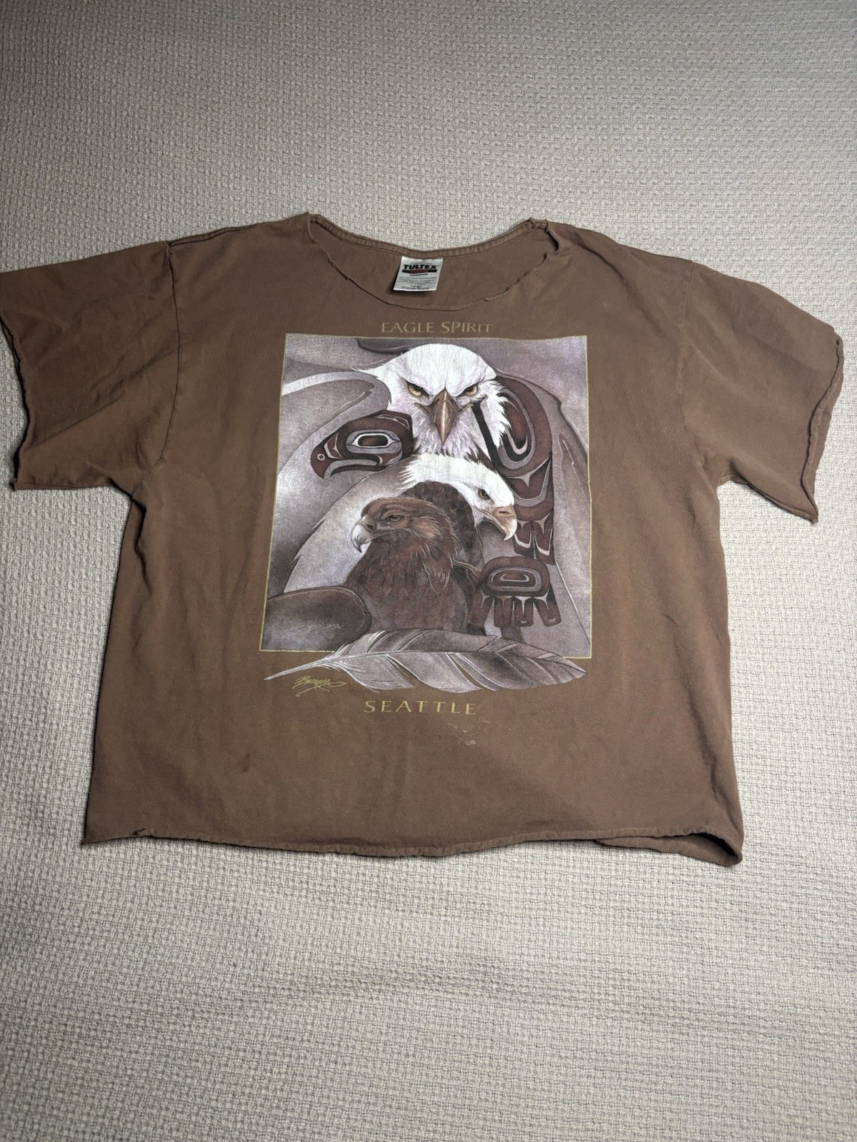 Vintage Tultex T-Shirt Mens L cropped Crewneck Graphic Eagle Spirit Brown gallery