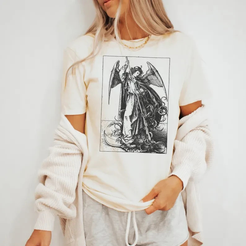 Saint Michael Slaying Dragon T Shirt Renaissance Art Tee Angel Defeats Devil Shi gallery