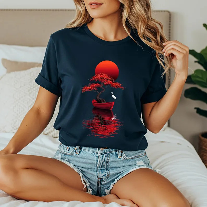 Japanese Tree Boat Red Sun Graphic Tee Zen Nature Art T Shirt gallery