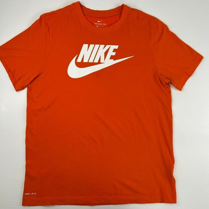 Nike Shirt Men Large Center Swoosh Spell Out Dri Fit Orange Work Party Core Ex gallery