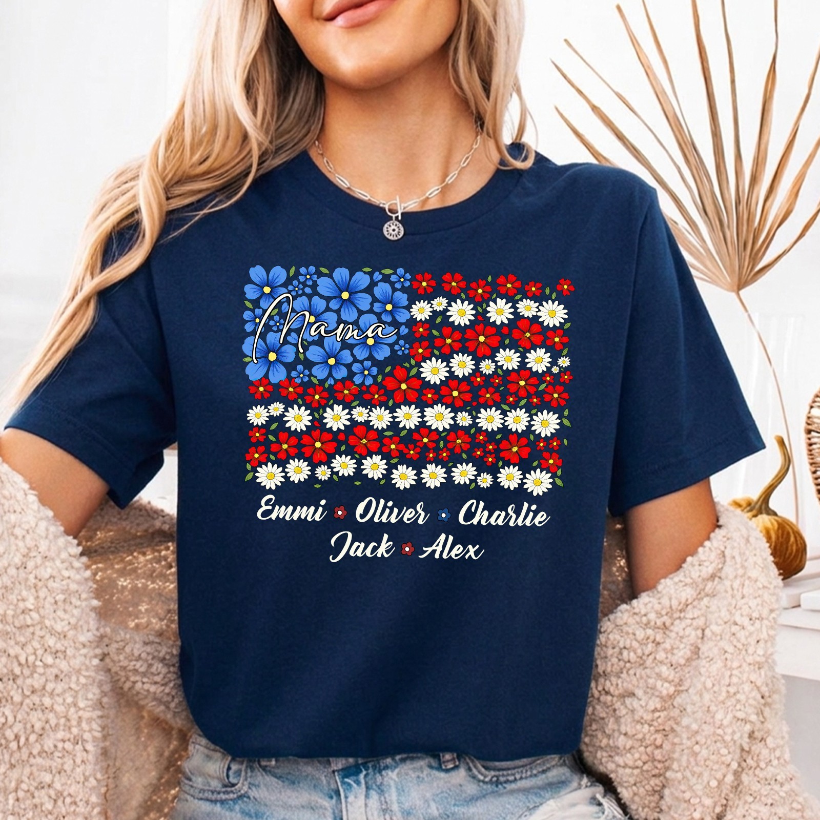 Personalized Mama Shirt Kids Name Patriotic Floral American Flag 4th of July Tee gallery