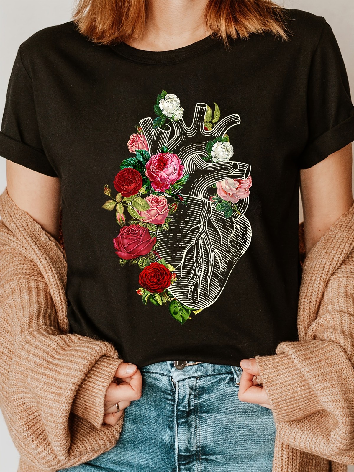 A Flower Fashion Letter Print T-shirt, Short Sleeve Crew Neck Casual Top