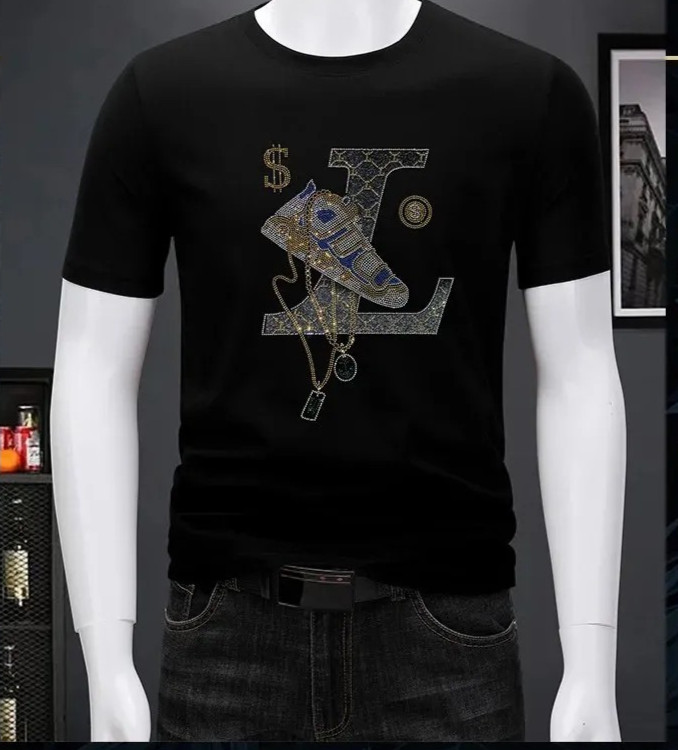 New Men Luxury Diamond Shoe Rhinestones Fashion Black T-Shirt High Quality