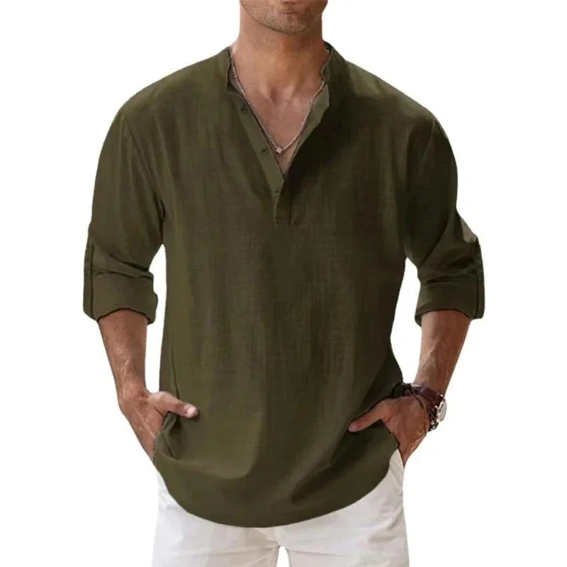 Men's Cotton Linen Henley Long Sleeve Shirt Casual Beach T-shirt Tee Summer Gift gallery