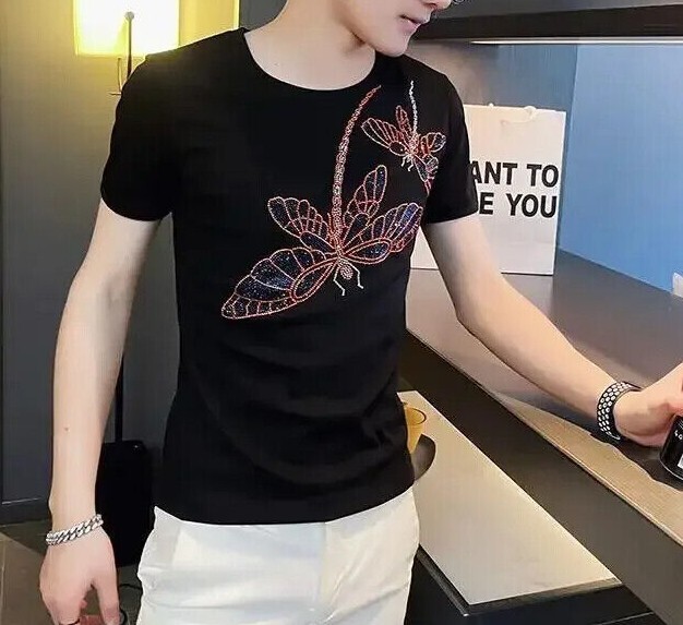 New Men Luxury Rhinestones Dragonfly Fashion Black White T-Shirt High Quality gallery