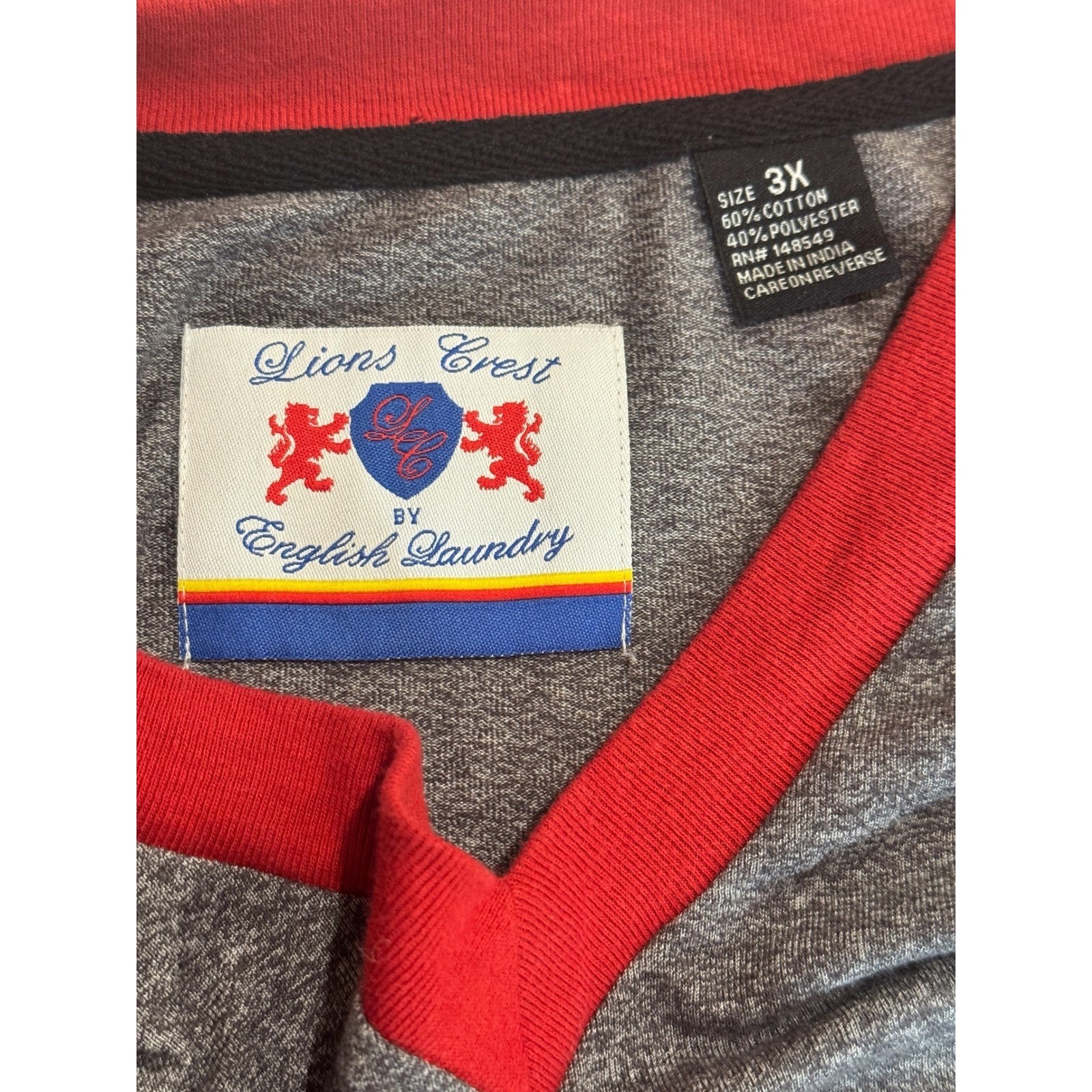 Lions Crest English Laundry V-Neck T-Shirt Mens 3XL Heather Gray Red Blue gallery
