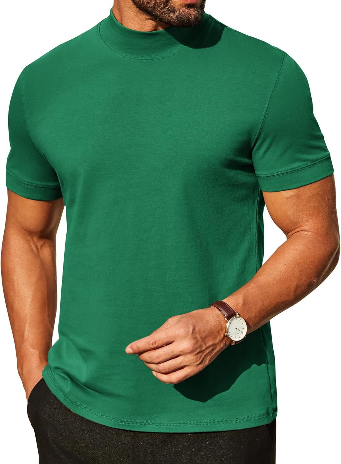 Mens Premium Cotton Short Sleeve Mock Turtleneck Half Neck Basic Tee Casual Fit gallery