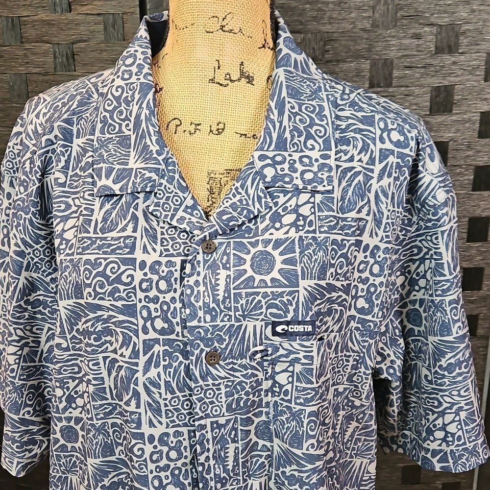 Costa XXL Men's Blue & Taupe Pattern Short Sleeve Camp Shirt gallery