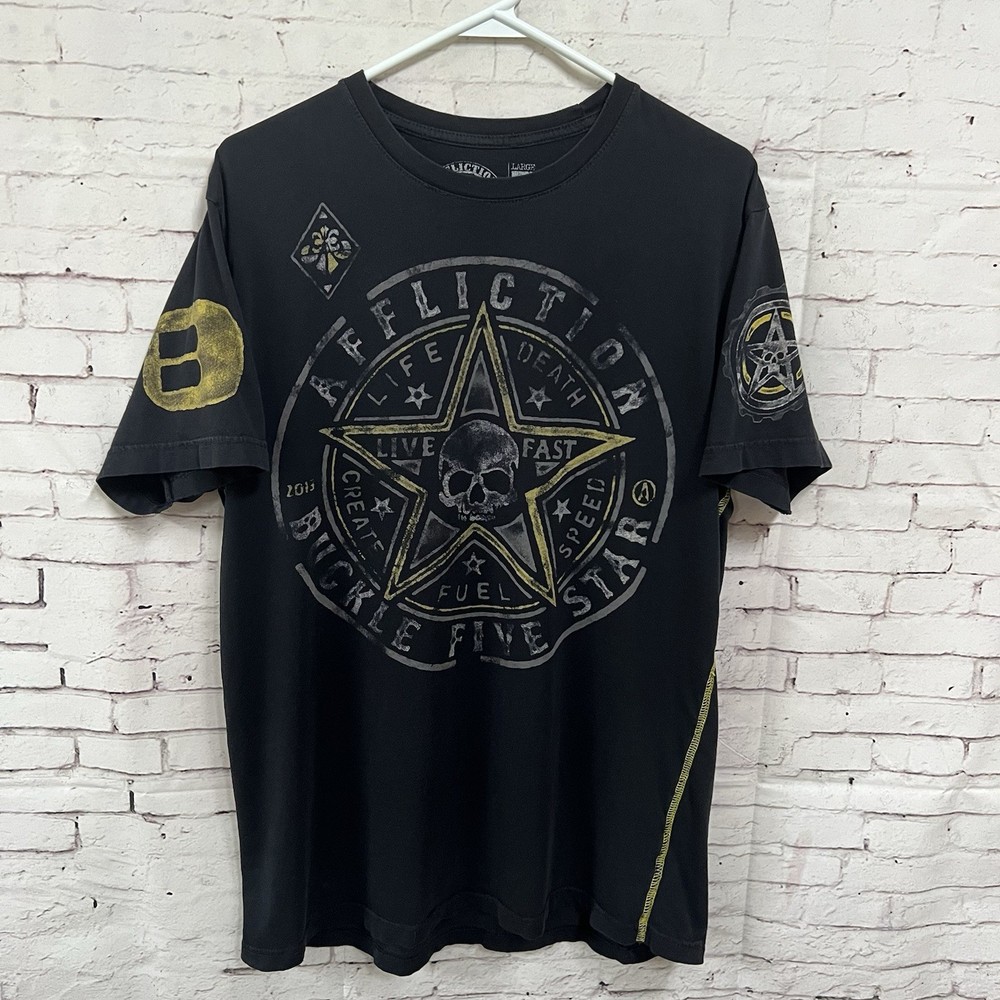 Affliction Short Sleeve Skulls Star T Shirt Men’s Size Large L Buckle Black