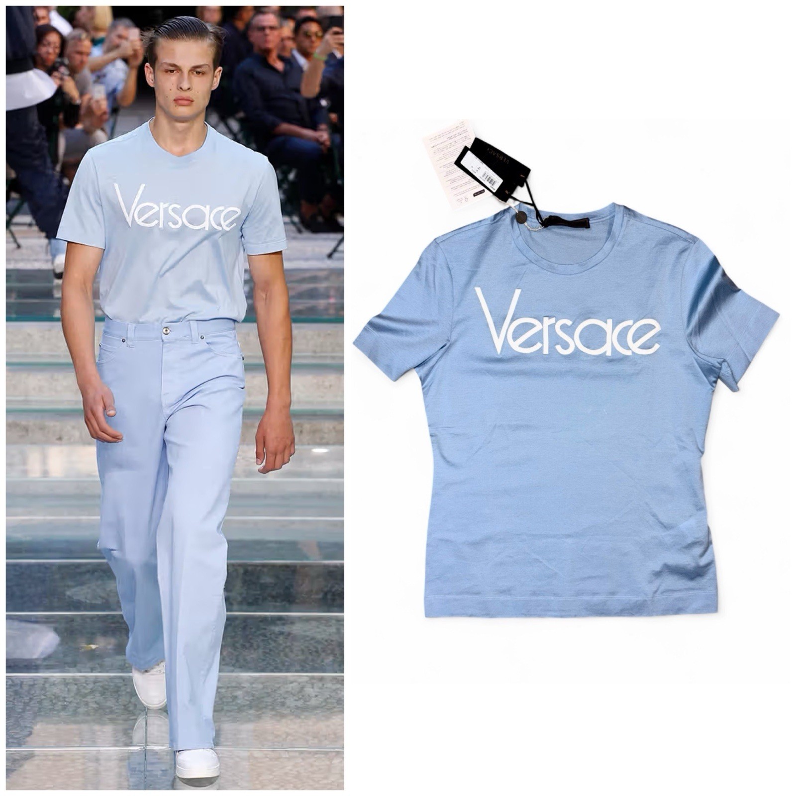 VERSACE NWT 90’s Tribute Runway Blue Logo Tee Shirt Small Collectible Designer gallery