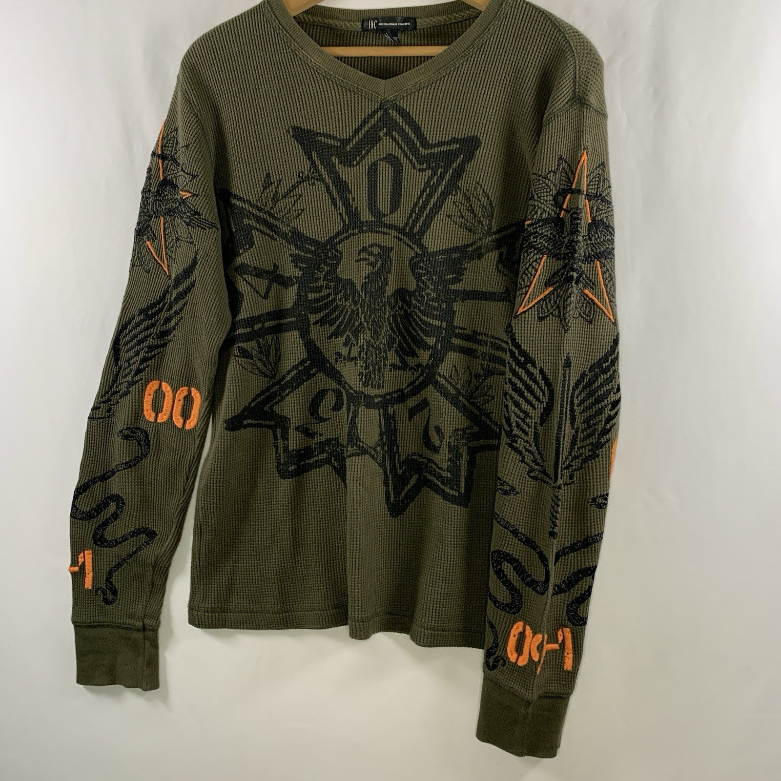 Mens Y2K Graphic Embroidered Thermal Shirt Sz S Olive Biker Grunge Rock gallery