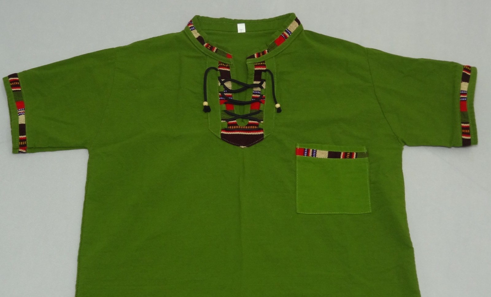 Artisanal Guatemalan Colorful Trim Shirt Green Cotton Mayan Men's M / Women's L gallery