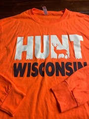 JERZEES Shirt, Mens Size Large, Orange, HUNT WISCONSIN, Hunting Top, Long Sleeve