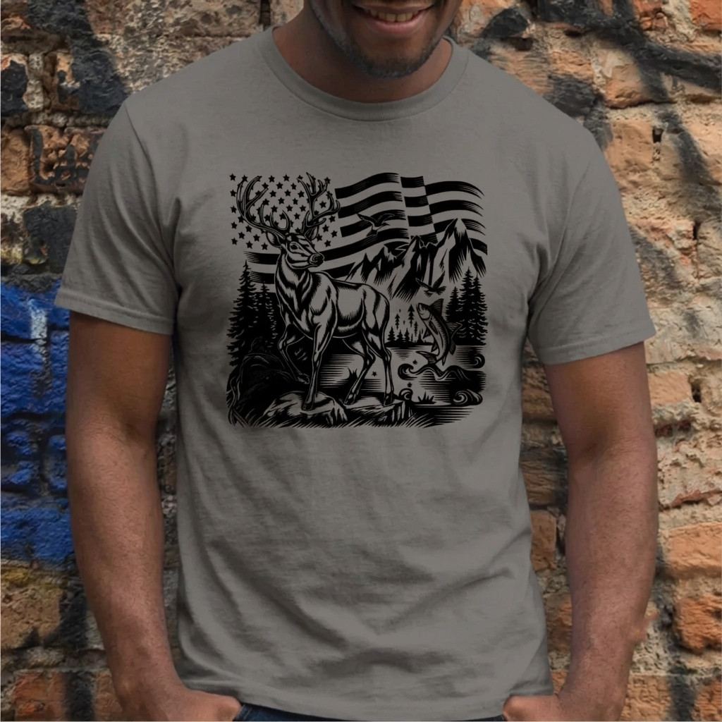 USA Flag Buck Fishing Shirt Wildlife Forest Nature Graphic Tee For Men gallery