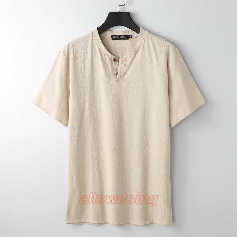 Men's Stand-up Collar Short Sleeve Cotton Hemp Summer T-shirt Loose Linen V-neck gallery