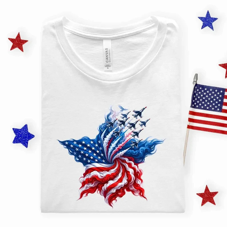 Flag July 4th Tee,Patriotic Fighter Jet Shirt,Red White Blue Airshow T-Shirt