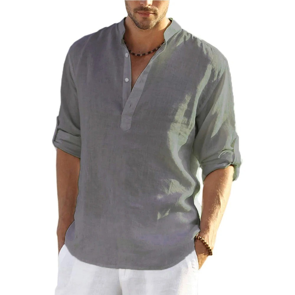 New Men's Casual Blouse Cotton Linen Shirt Loose Tops Long Sleeve Tee Shirt Spri gallery