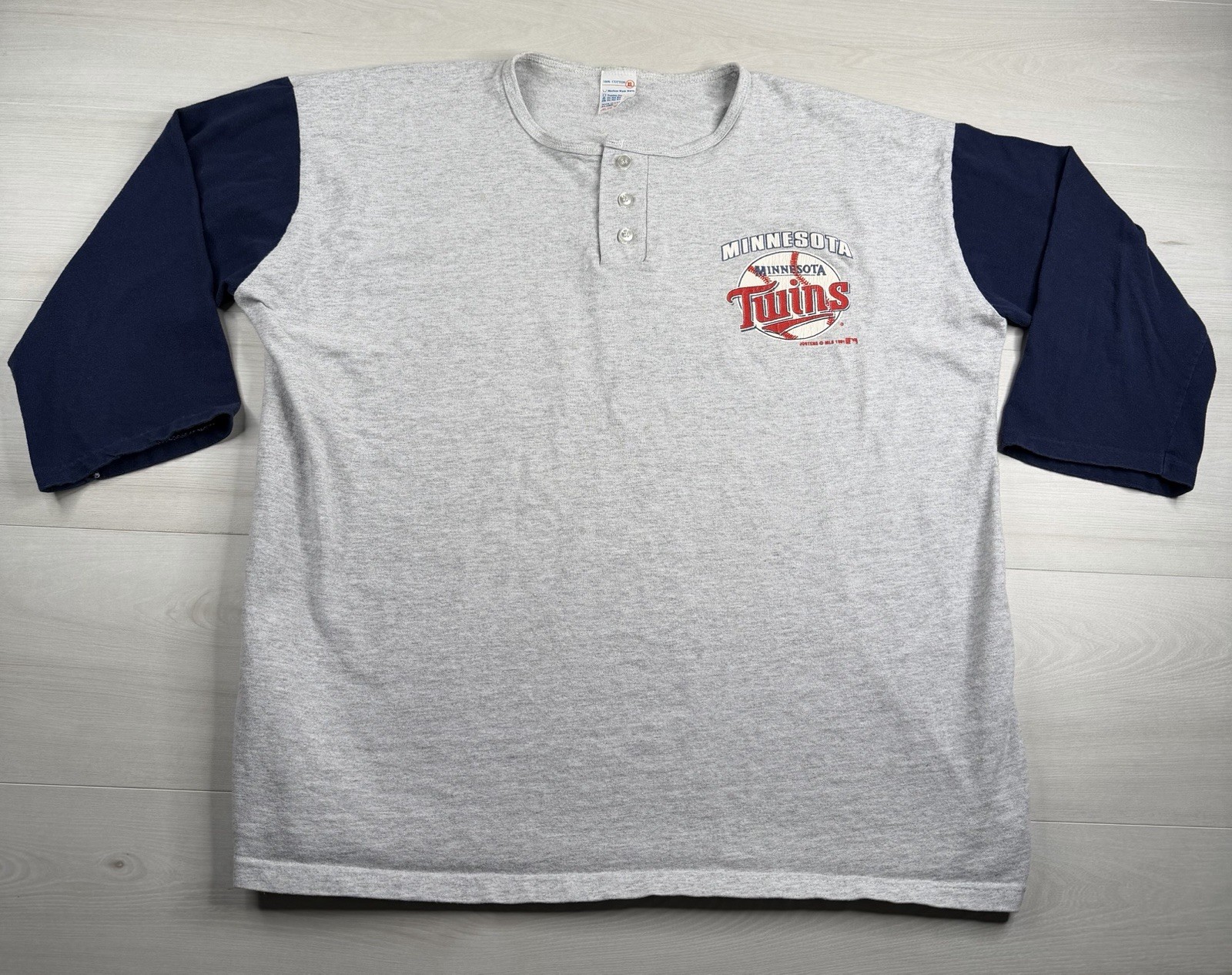 Vtg Artex Minnesota Twins Baseball Henley Shirt 3/4 Sleeve 90s 1991 USA Made XL gallery