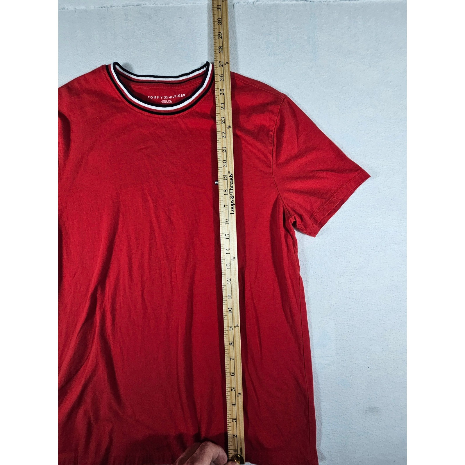 Tommy Hilfiger Mens Red T-Shirt Crew Neck Striped Collar Flag Logo 78JB130 M gallery