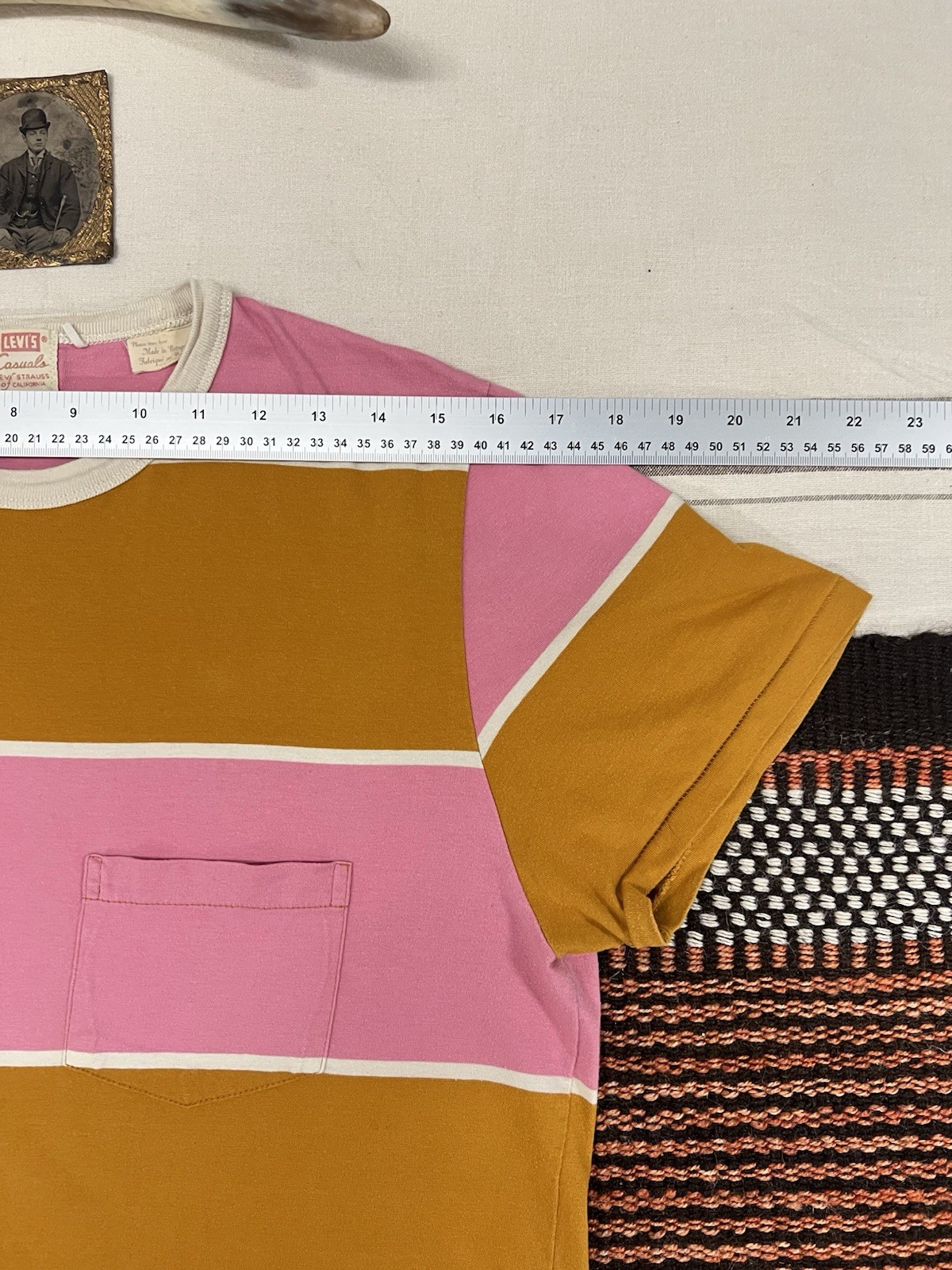 LVC T-Shirt M Levi's Vintage Clothing 60s Casuals Ringer Fat Stripe Pink Tan 40" gallery