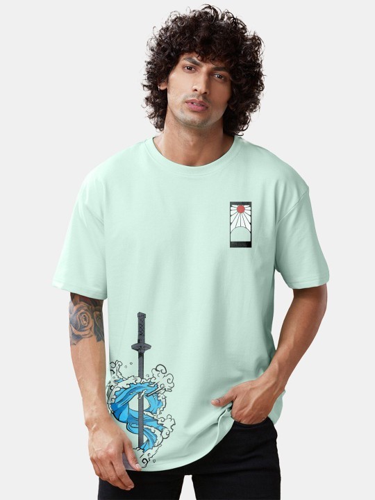 Tanjiro Kamado Anime Printed Drop-Shoulder Sleeves Cotton Oversized T-shirt gallery