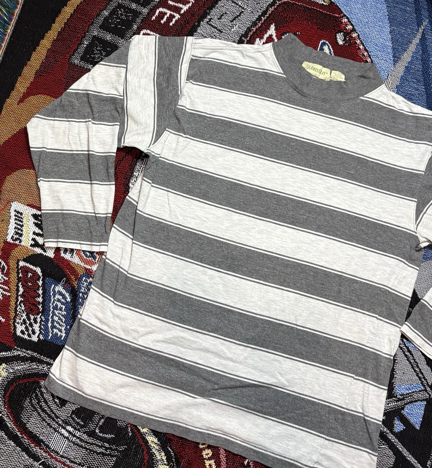 Vintage St Johns Bay Shirt Striped Gray White Long Sleeve Medium Y2K Grunge gallery
