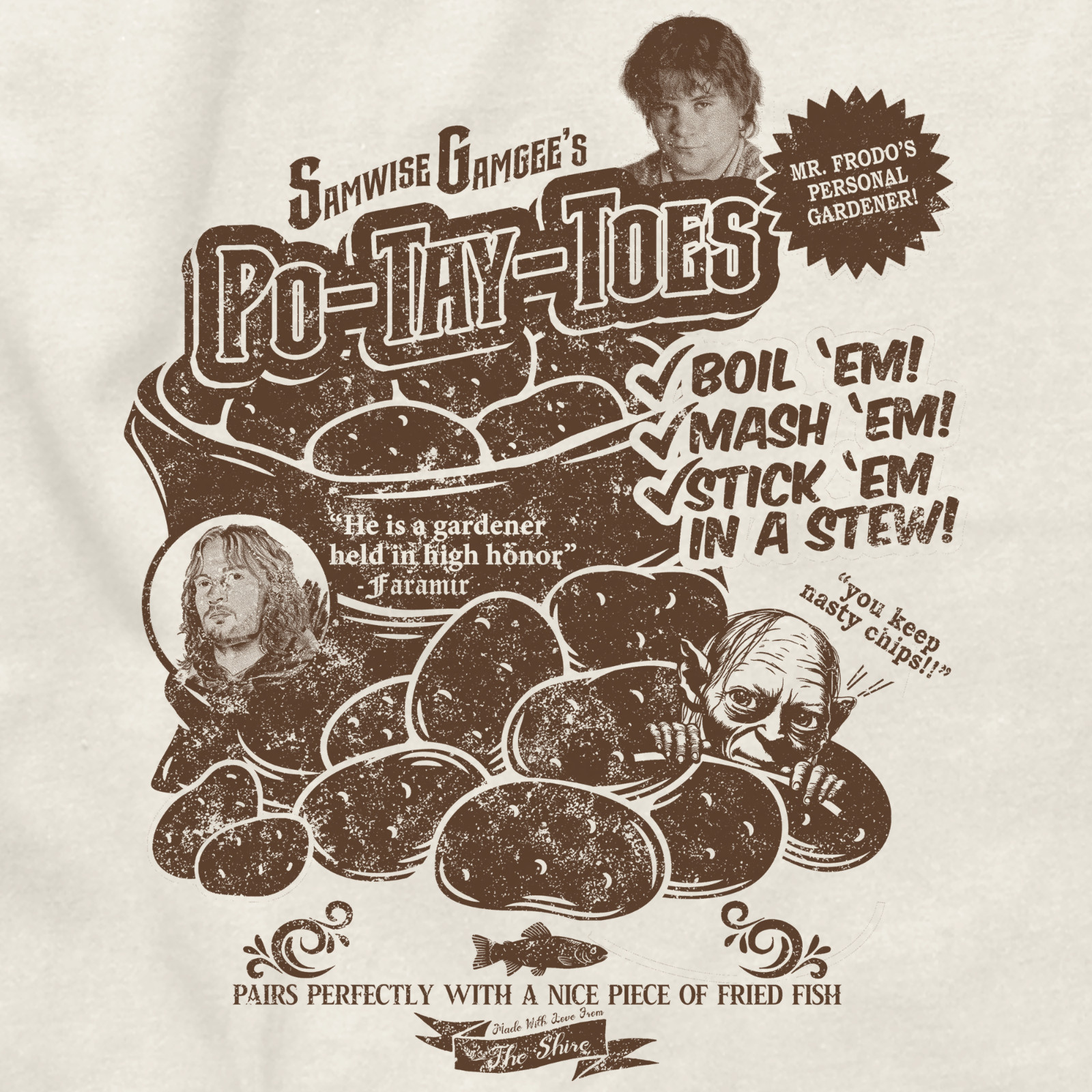 Samwise Gamgee Po Tay Toes Potatoes Hobbits The Shire Lord of the Rings T Shirt gallery