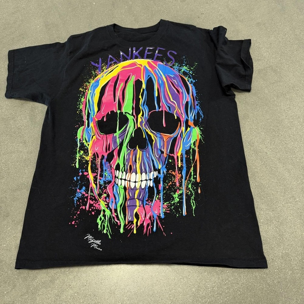 Yankees Neon Drip Skull Shirt M Rainbow Paint Splatter Art Tee Black Rare