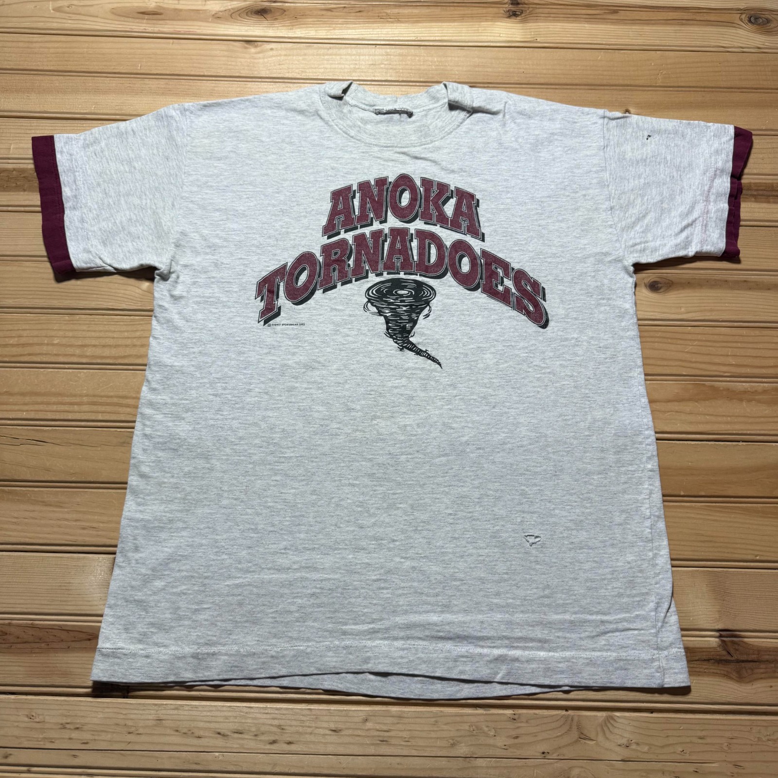 Vintage 90s 1993 Anoka Tornadoes Mascot Twister High School Ringer Shirt – Large