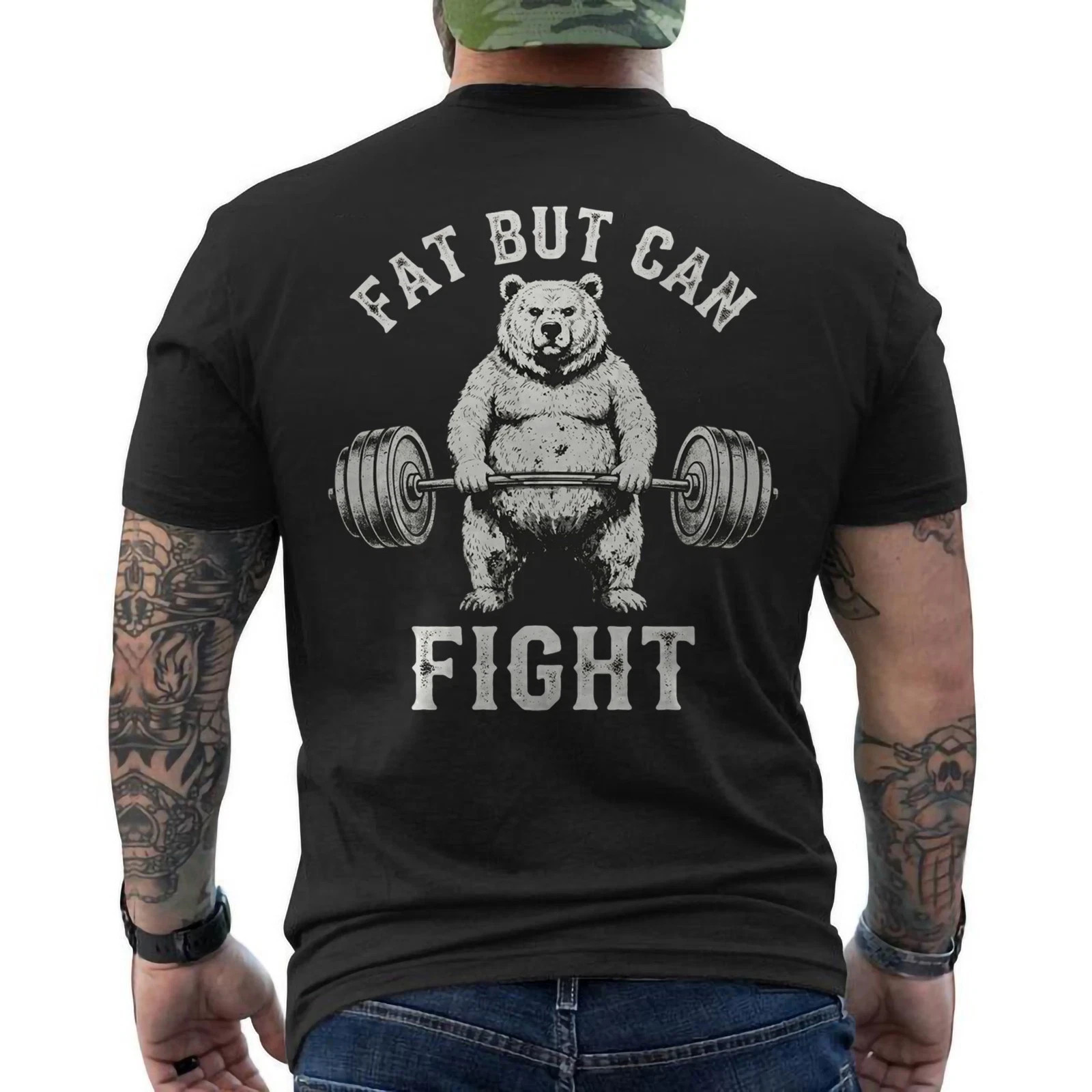Fat But Can Fight Gym Workout Cardio Bodybuilding ON BACK T-Shirt gallery