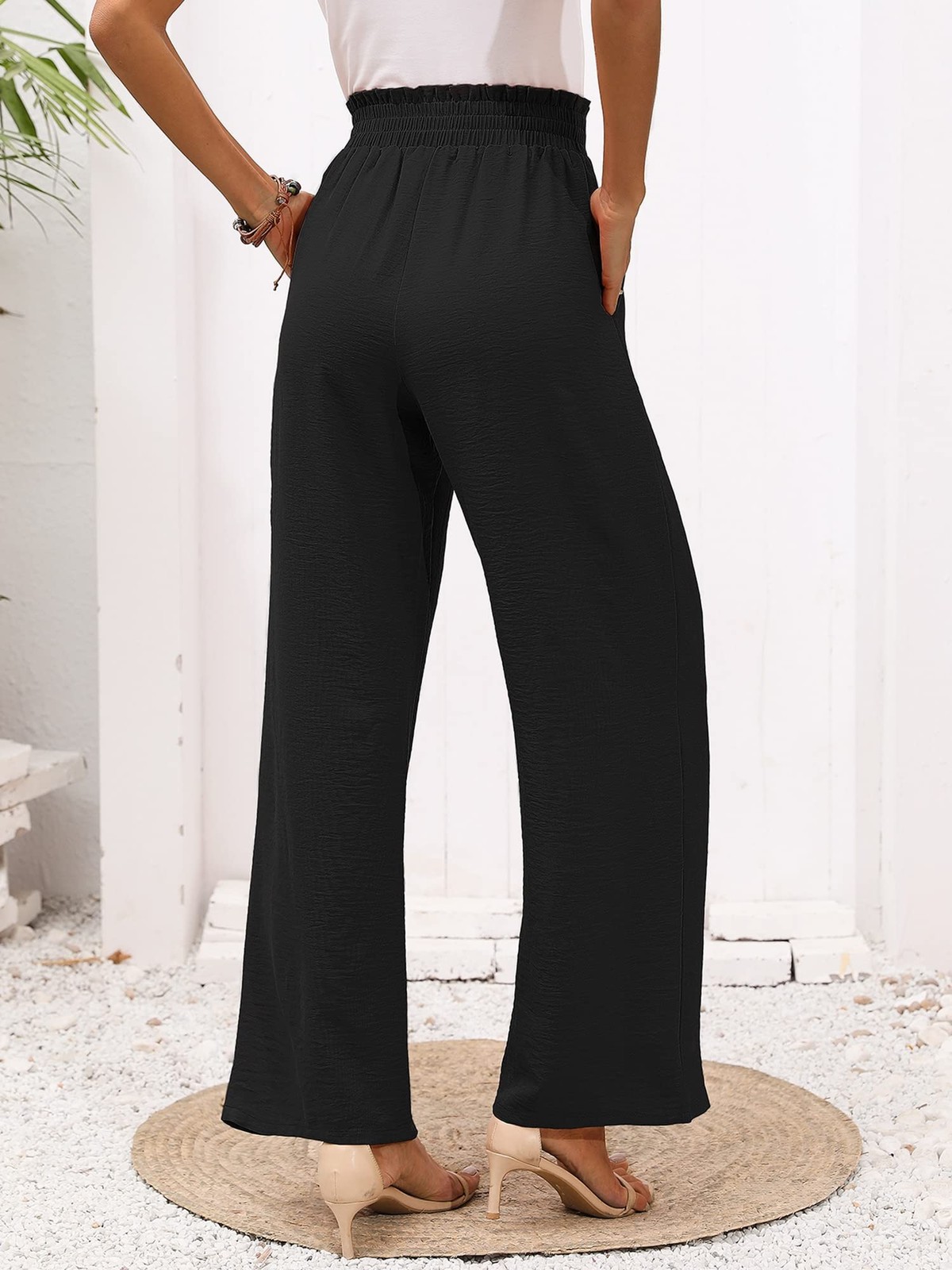 Women's Wide Leg Lounge Pants with Pockets Black X-Large Lightweight High Wai... gallery